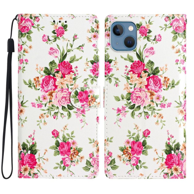 Folio Deksel Til iPhone 15 Plus Med Kjede Blomster Med Stropp