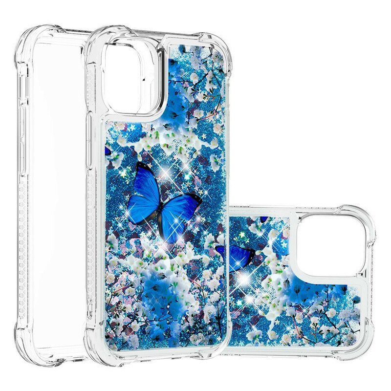 Deksel Til iPhone 13 Pro Max Glitter Blå Sommerfugler