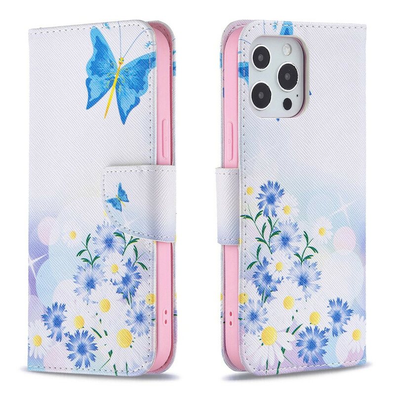 Folio Deksel Til iPhone 13 Pro Max Malte Sommerfugler Og Blomster