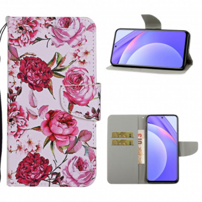 Folio Deksel Til Xiaomi Redmi Note 9 Pro 5G Mesterlige Blomster Med Stropp