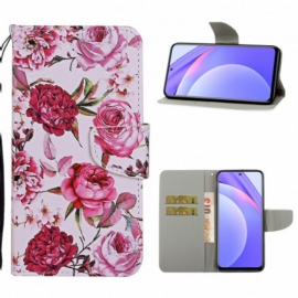 Folio Deksel Til Xiaomi Redmi Note 9 Pro 5G Mesterlige Blomster Med Stropp