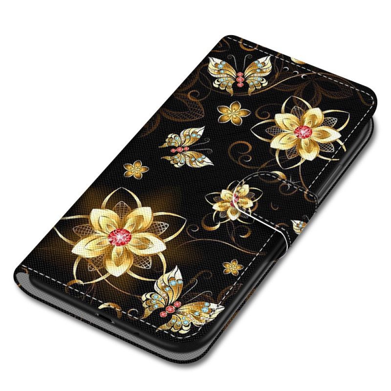 Folio Deksel Til Xiaomi Redmi 10A Med Kjede Gull Stropp Blomster