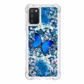 Deksel Til Samsung Galaxy A03s Glitter Blå Sommerfugler
