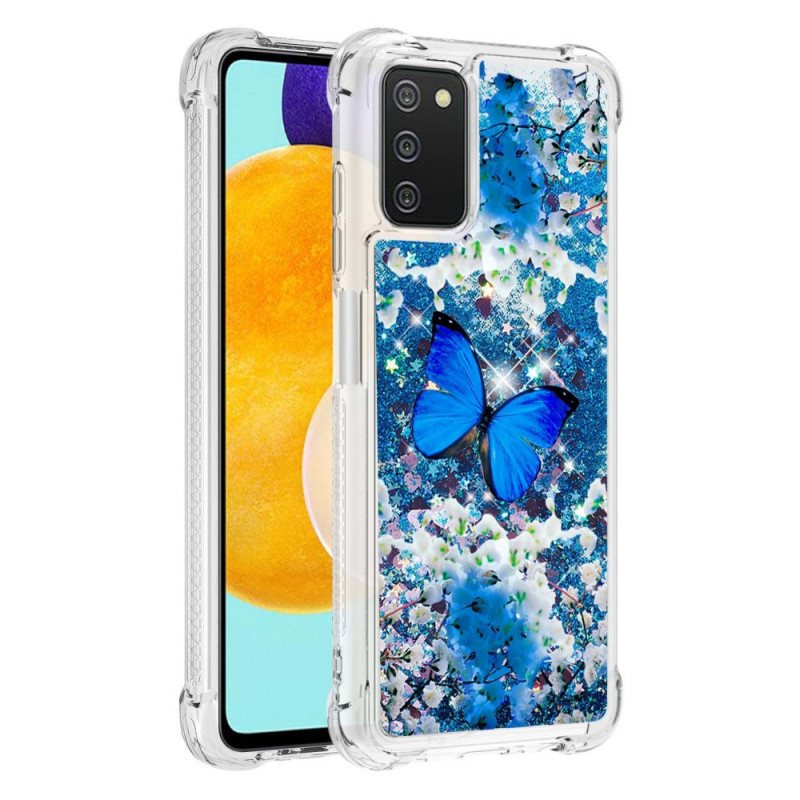 Deksel Til Samsung Galaxy A03s Glitter Blå Sommerfugler