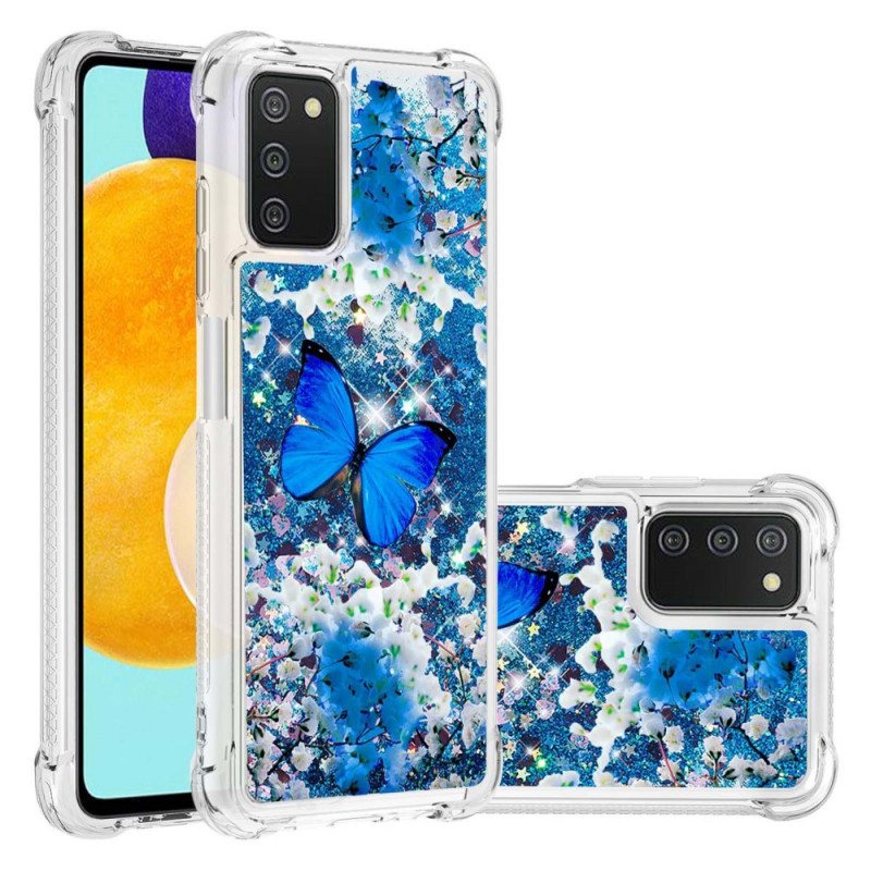 Deksel Til Samsung Galaxy A03s Glitter Blå Sommerfugler