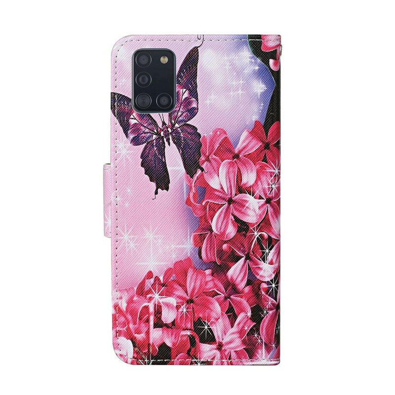 Lærdeksel Til Samsung Galaxy A31 Butterflies Floral Lanyard