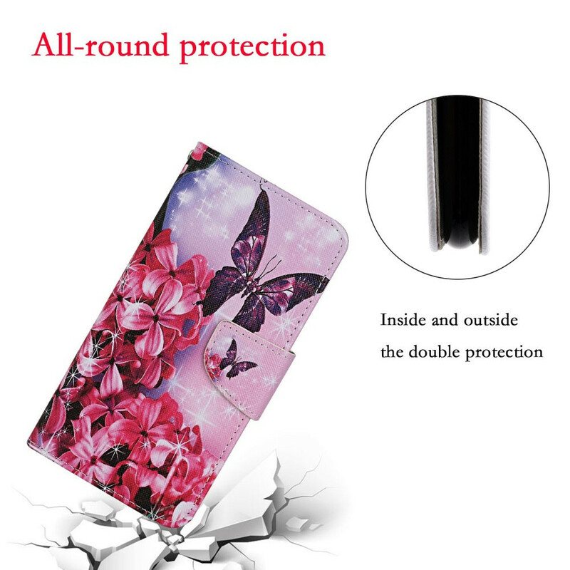 Lærdeksel Til Samsung Galaxy A31 Butterflies Floral Lanyard