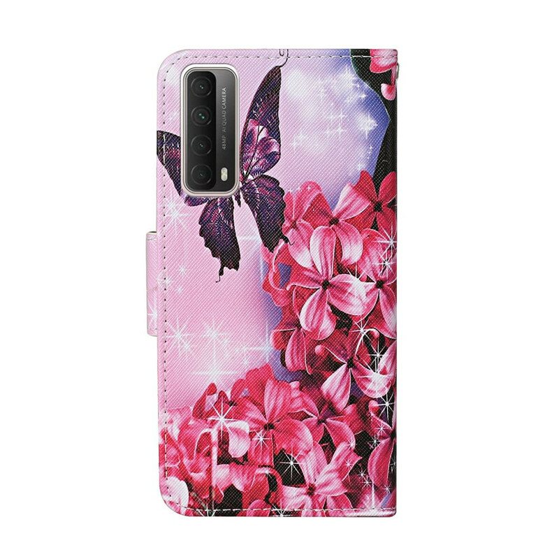 Folio Deksel Til Huawei P Smart 2021 Butterflies Floral Lanyard