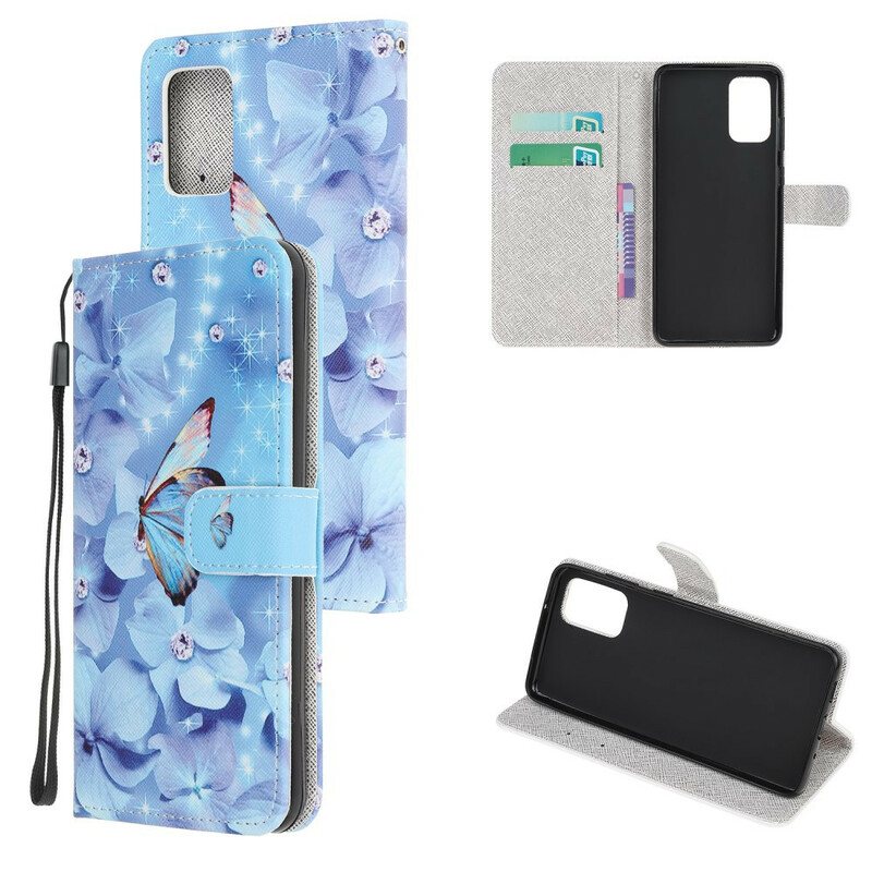 Folio Deksel Til Samsung Galaxy Note 20 Med Kjede Strappy Diamond Sommerfugler