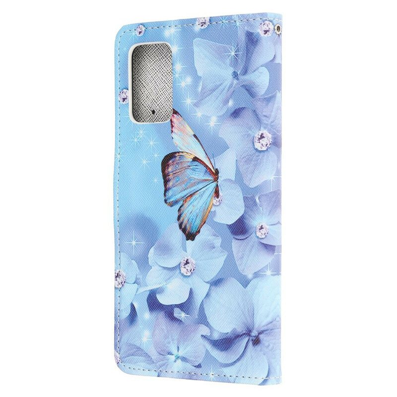 Folio Deksel Til Samsung Galaxy Note 20 Med Kjede Strappy Diamond Sommerfugler