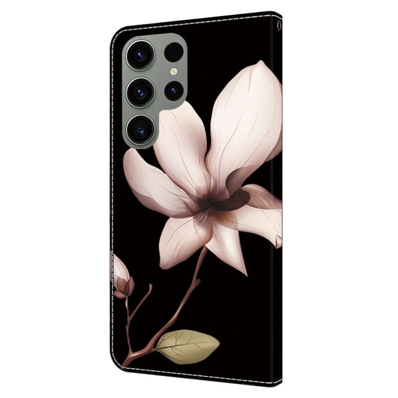 Folio Deksel Samsung Galaxy S24 Ultra 5g Rosa Blomst På Svart Bakgrunn