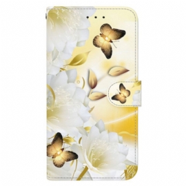 Folio Deksel Til Samsung Galaxy S24 Ultra 5g Gylne Sommerfugler Og Hvite Blomster Med Stropp