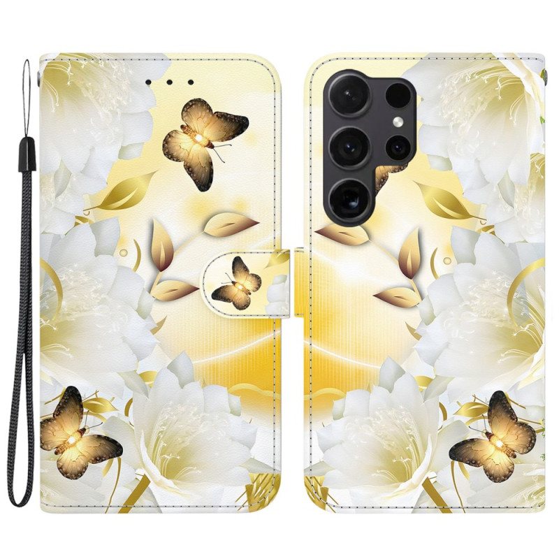 Folio Deksel Til Samsung Galaxy S24 Ultra 5g Gylne Sommerfugler Og Hvite Blomster Med Stropp