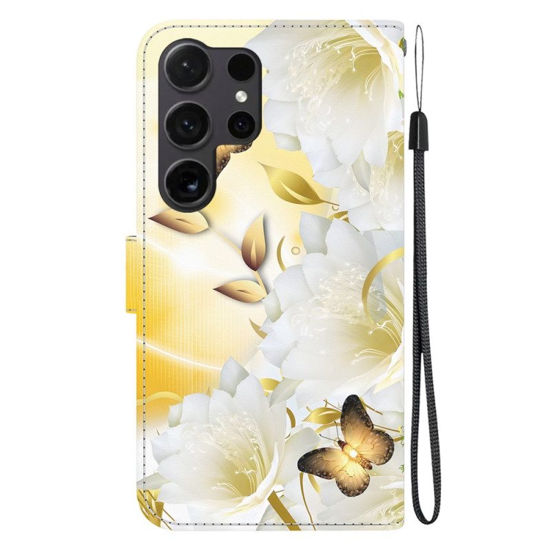 Folio Deksel Til Samsung Galaxy S24 Ultra 5g Gylne Sommerfugler Og Hvite Blomster Med Stropp