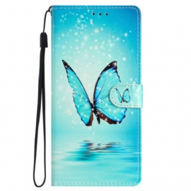 Folio Deksel Samsung Galaxy S24 Plus 5g Blue Butterfly In Lanyard Flight