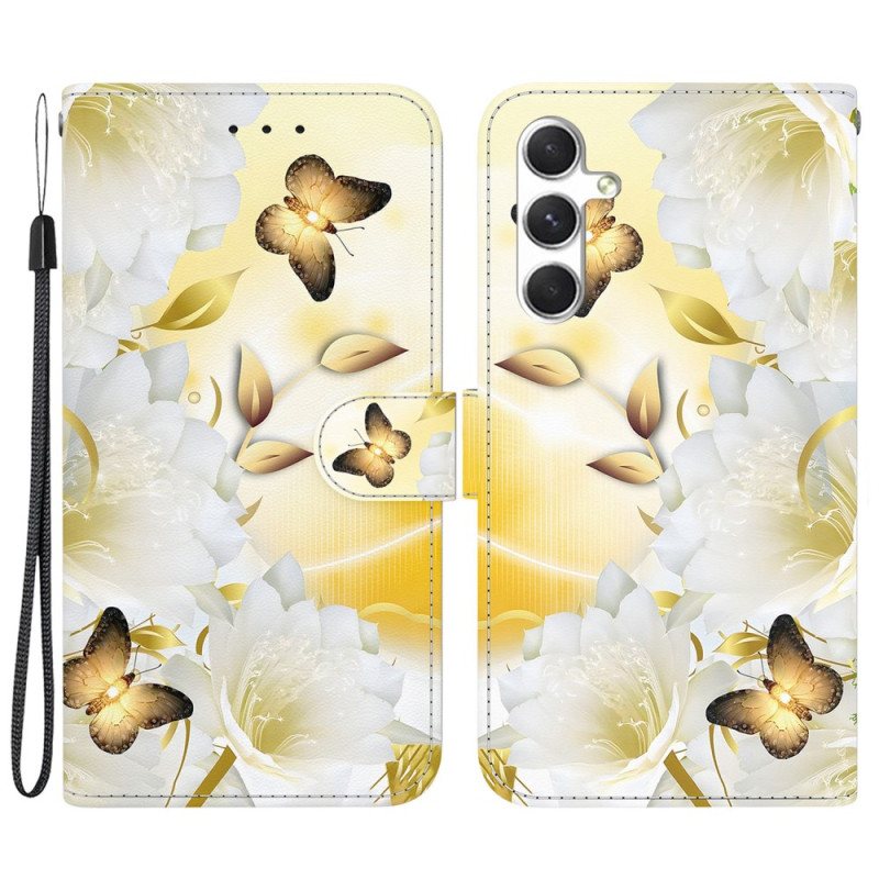 Folio Deksel Samsung Galaxy S24 Plus 5g Gylne Sommerfugler Og Blomster Med Stropp