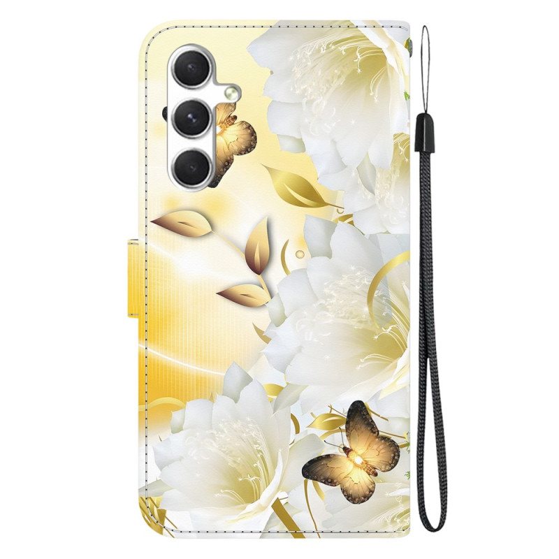 Folio Deksel Samsung Galaxy S24 Plus 5g Gylne Sommerfugler Og Blomster Med Stropp