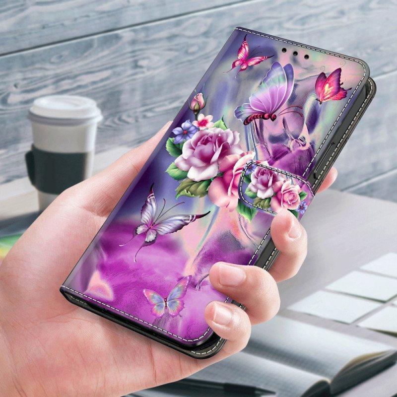 Folio Deksel Samsung Galaxy S24 Plus 5g Sommerfugler Og Blomster Beskyttelse Deksel