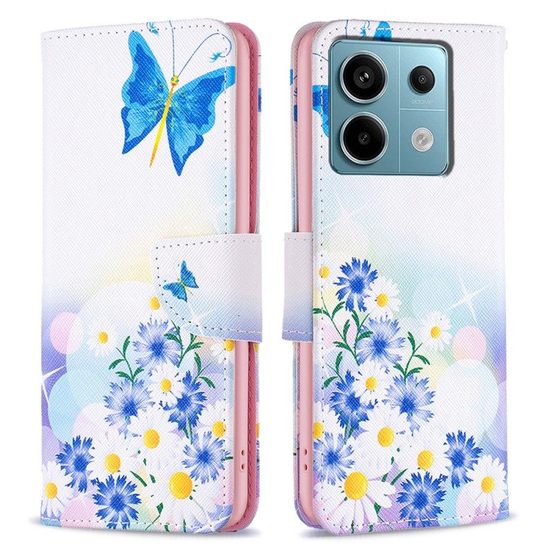 Lærdeksel Folio Deksel Xiaomi Redmi Note 13 Pro 4g Mobildeksel Sommerfugl Og Blomster Akvarell