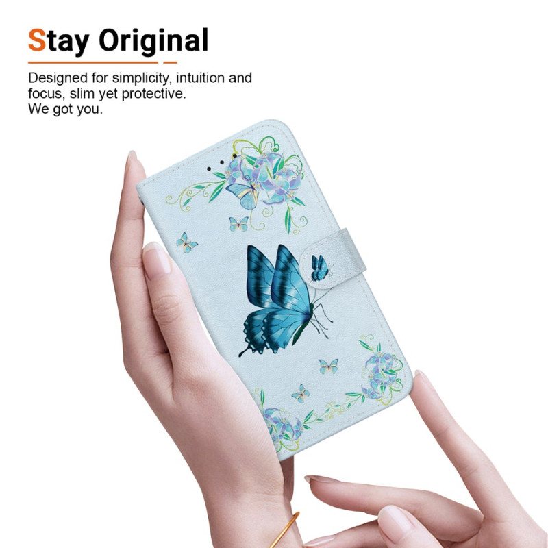 Folio Deksel Oppo Reno 11 5g Blå Sommerfugl Og Blomster Med Stropp