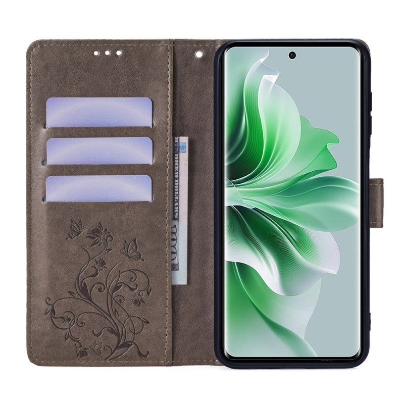 Folio Deksel Til Oppo Reno 11 5g Sommerfugler Og Blomster Med Stropp