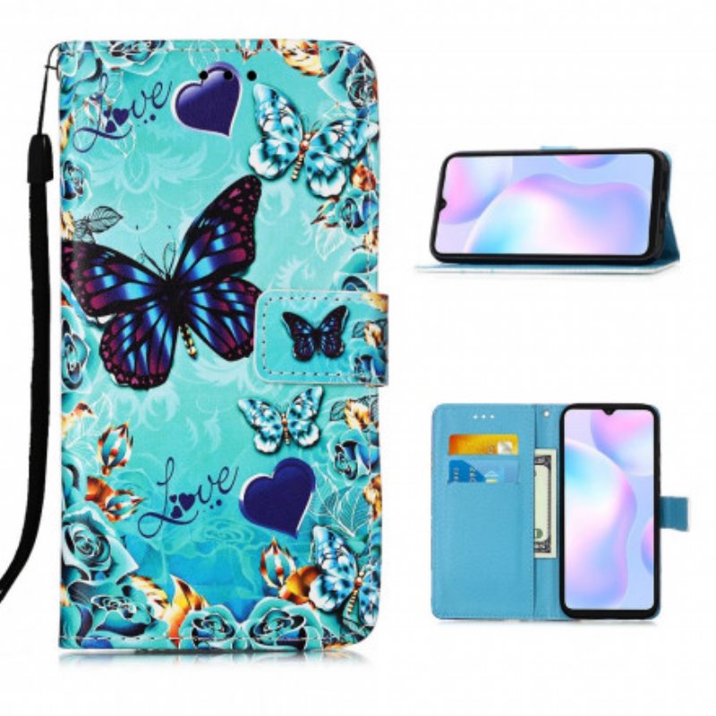 Folio Deksel Til Xiaomi Redmi 9A Med Kjede Elsker Butterflies Strappy