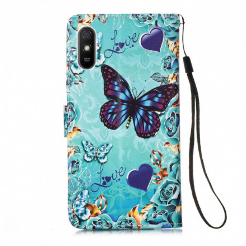 Folio Deksel Til Xiaomi Redmi 9A Med Kjede Elsker Butterflies Strappy