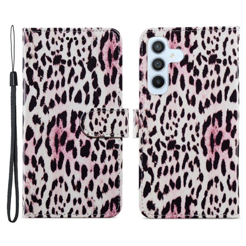 Lærdeksel Til Samsung Galaxy A34 5G Med Kjede Strappy Leopardtrykk