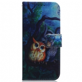 Lærdeksel Til Samsung Galaxy A34 5G Med Kjede Strappy Owls Maleri