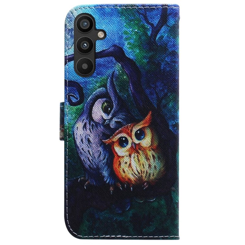 Lærdeksel Til Samsung Galaxy A34 5G Med Kjede Strappy Owls Maleri