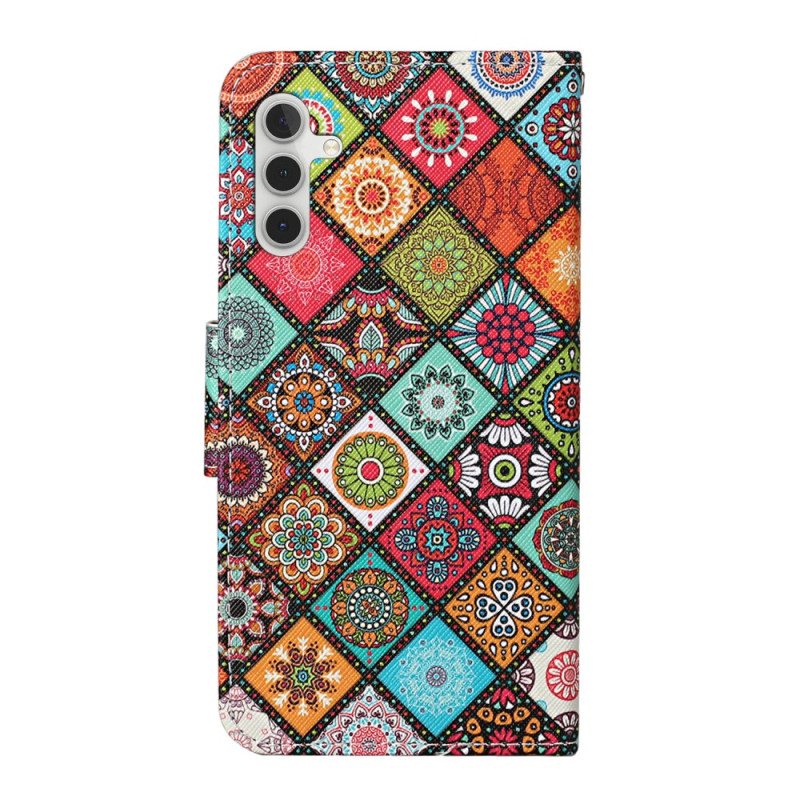 Lærdeksel Til Samsung Galaxy A34 5G Med Kjede Strappy Patchwork