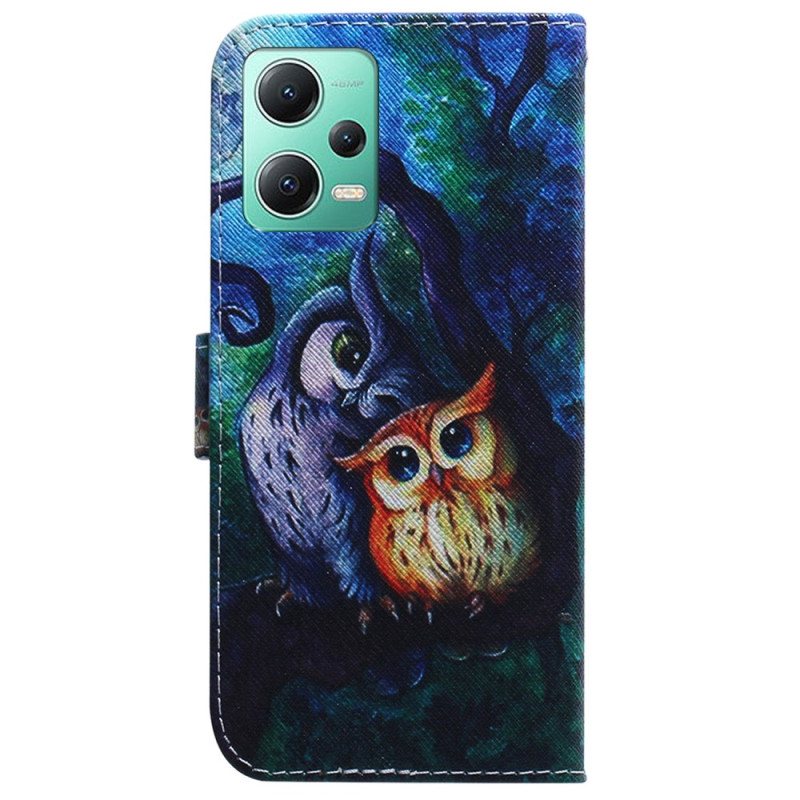 Folio Deksel Til Xiaomi Redmi Note 12 5G Med Kjede Strappy Owls Maleri