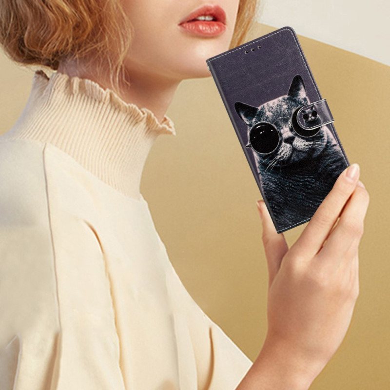 Folio Deksel Til Moto G73 5G Med Kjede Strappy Glasses Cat