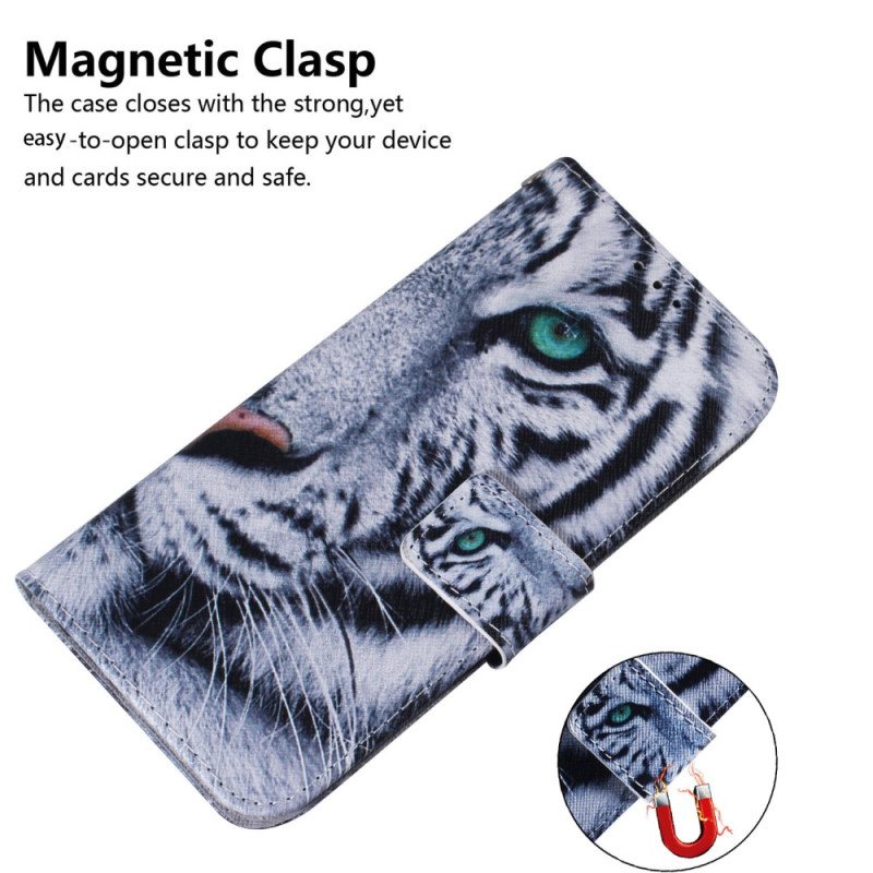 Folio Deksel Til Moto G73 5G Med Kjede Strappy White Tiger