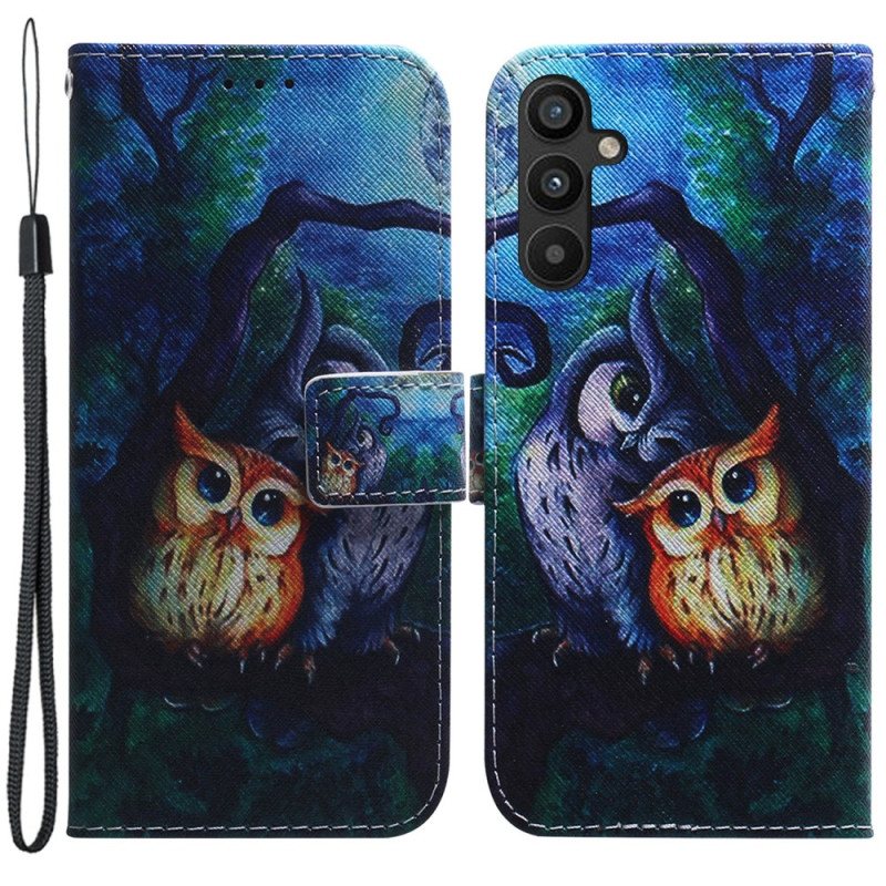 Folio Deksel Til Samsung Galaxy A54 5G Med Kjede Strappy Owls Maleri