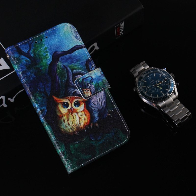 Folio Deksel Til Samsung Galaxy A54 5G Med Kjede Strappy Owls Maleri