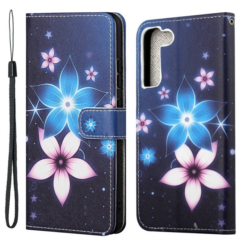 Folio Deksel Til Samsung Galaxy S22 Plus 5G Med Kjede Lunar Strap Blomster