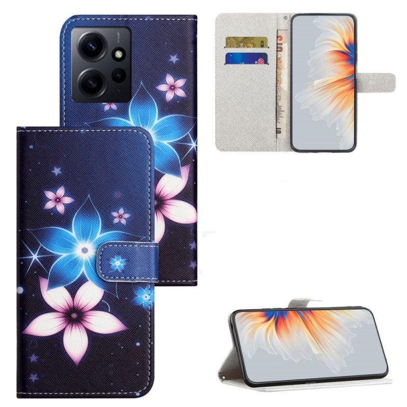 Folio Deksel Til Xiaomi Redmi Note 12 4G Med Kjede Lunar Strap Blomster