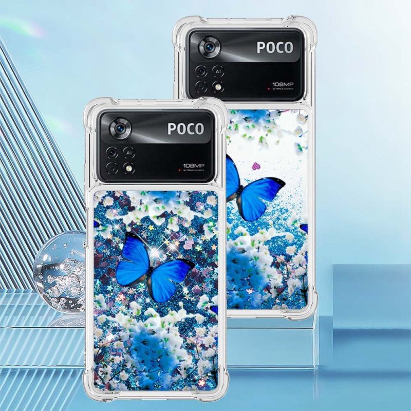 Deksel Til Poco X4 Pro 5G Glitter Blå Sommerfugler