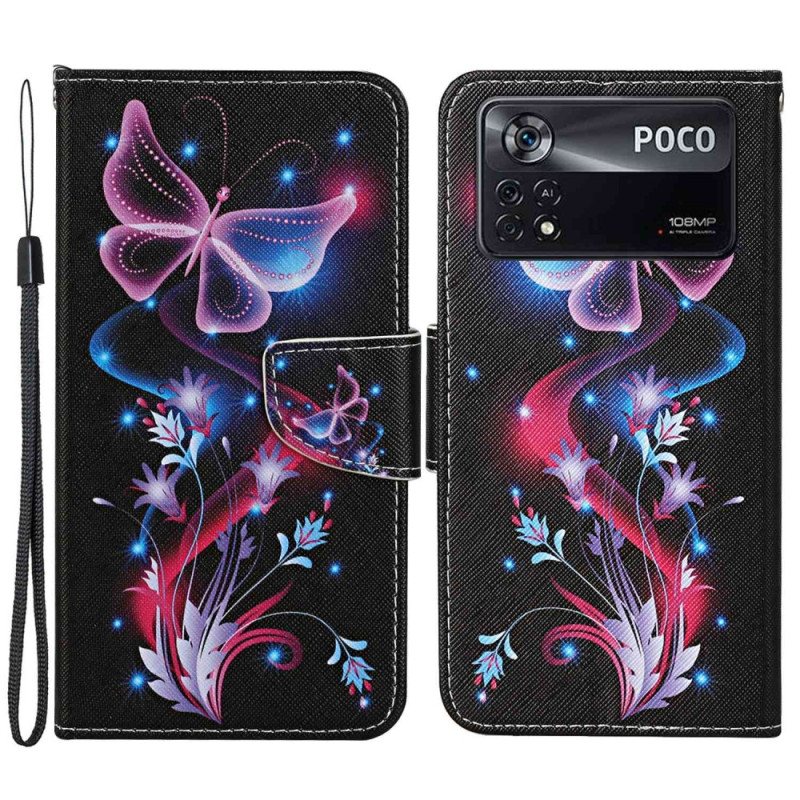 Folio Deksel Til Poco X4 Pro 5G Med Kjede Strappy Butterfly Dance