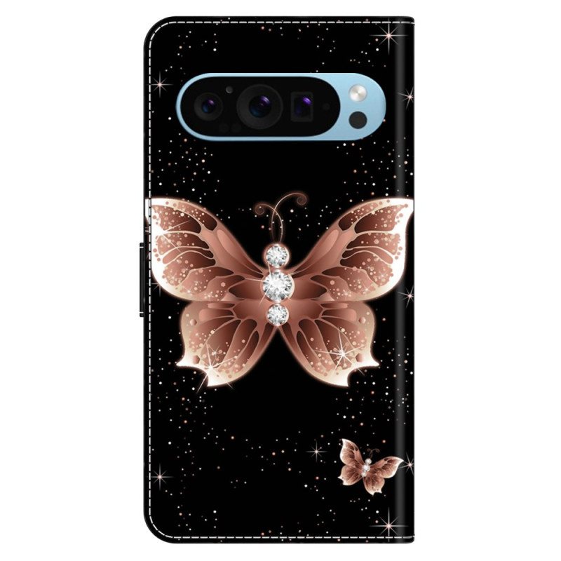 Folio Deksel Google Pixel 9 Rosa Diamant Sommerfugl