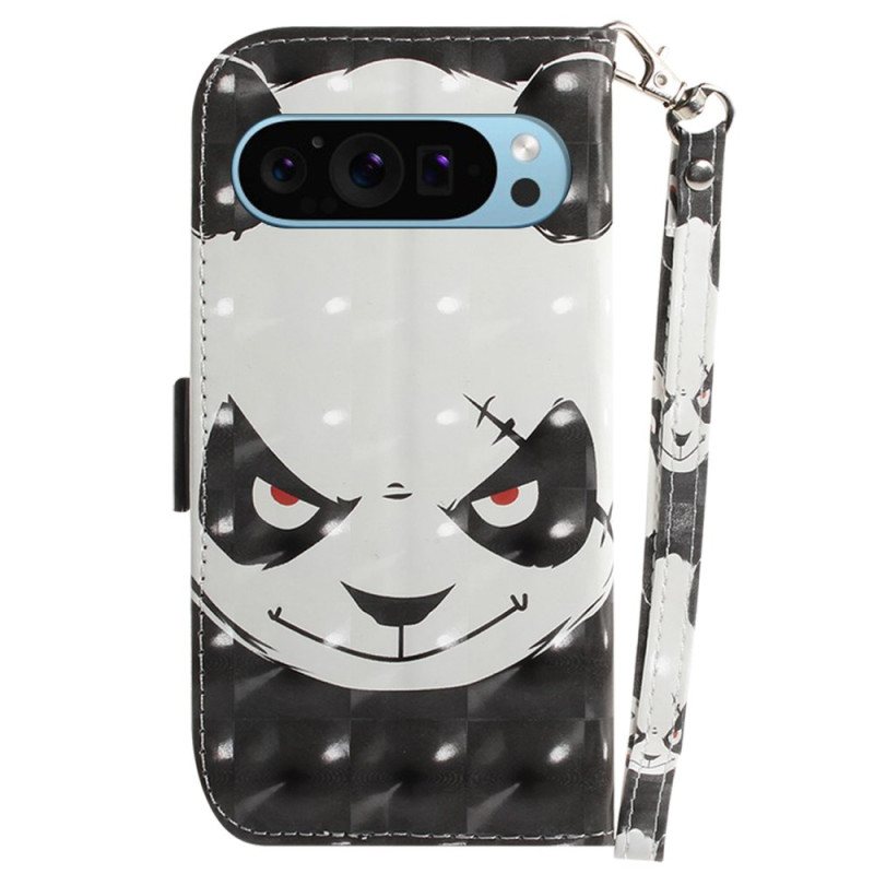 Lærdeksel Folio Deksel Google Pixel 9 Mobildeksel Angry Panda Love With Strap