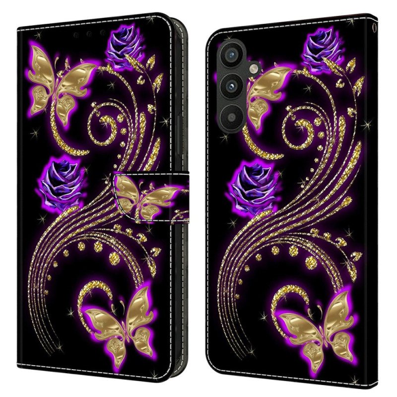 Folio Deksel Til Samsung Galaxy A15 Fiolette Blomster Og Sommerfugler