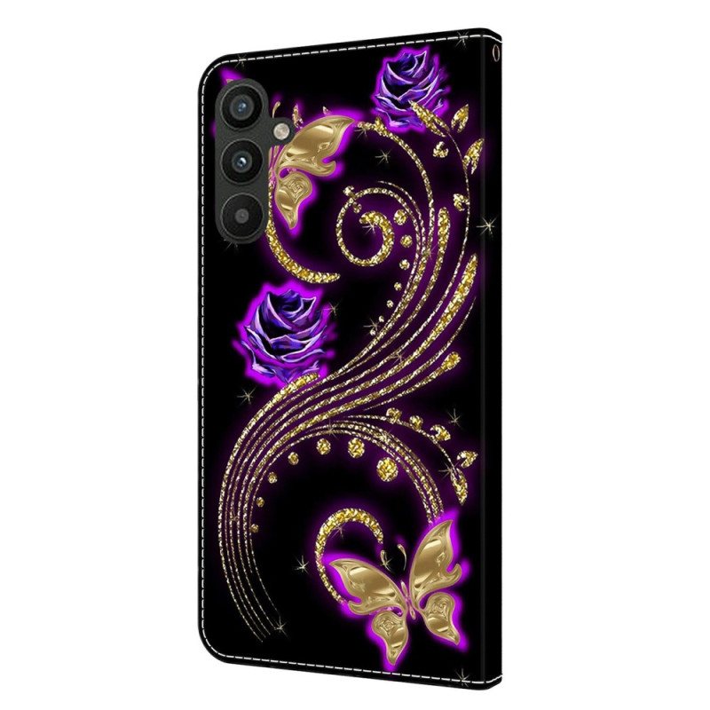 Folio Deksel Til Samsung Galaxy A15 Fiolette Blomster Og Sommerfugler