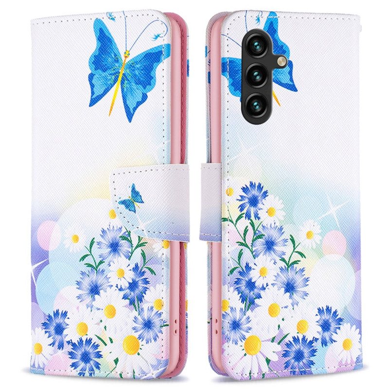 Lærdeksel Folio Deksel Samsung Galaxy A15 Mobildeksel Sommerfugl Og Blomster Akvarell