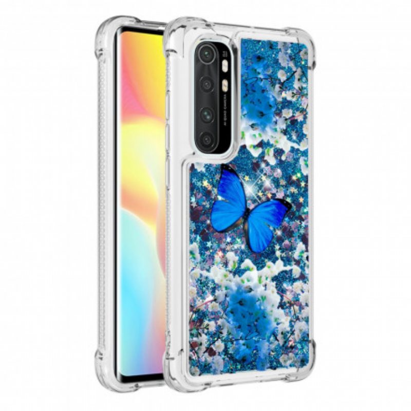 Deksel Til Xiaomi Mi Note 10 Lite Glitter Blå Sommerfugler