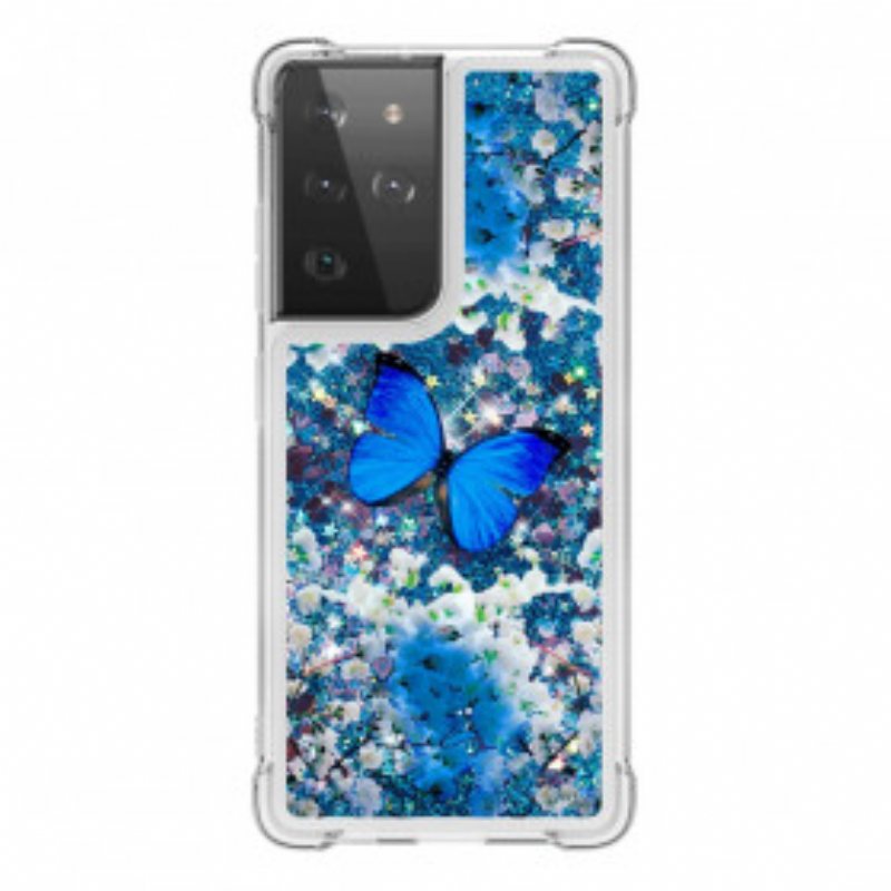 Deksel Til Samsung Galaxy S21 Ultra 5G Glitter Blå Sommerfugler