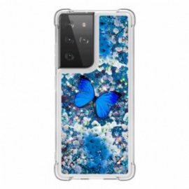 Deksel Til Samsung Galaxy S21 Ultra 5G Glitter Blå Sommerfugler