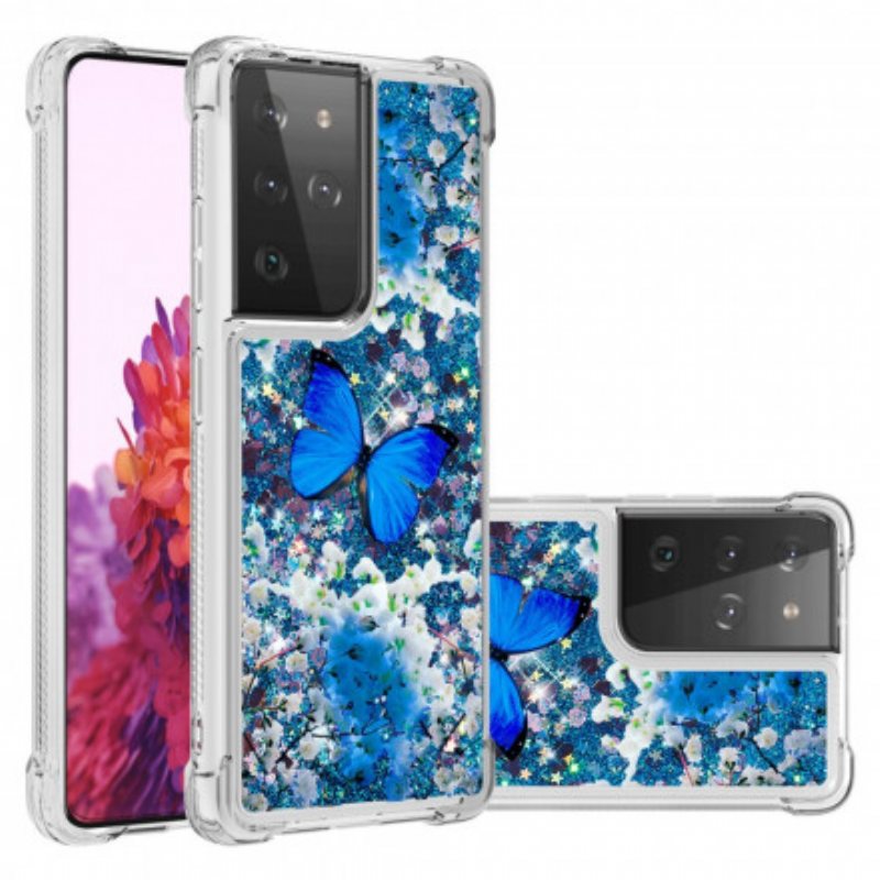 Deksel Til Samsung Galaxy S21 Ultra 5G Glitter Blå Sommerfugler