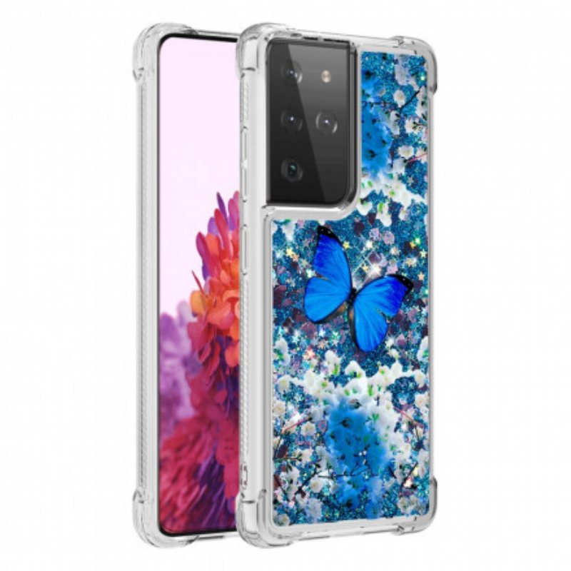 Deksel Til Samsung Galaxy S21 Ultra 5G Glitter Blå Sommerfugler